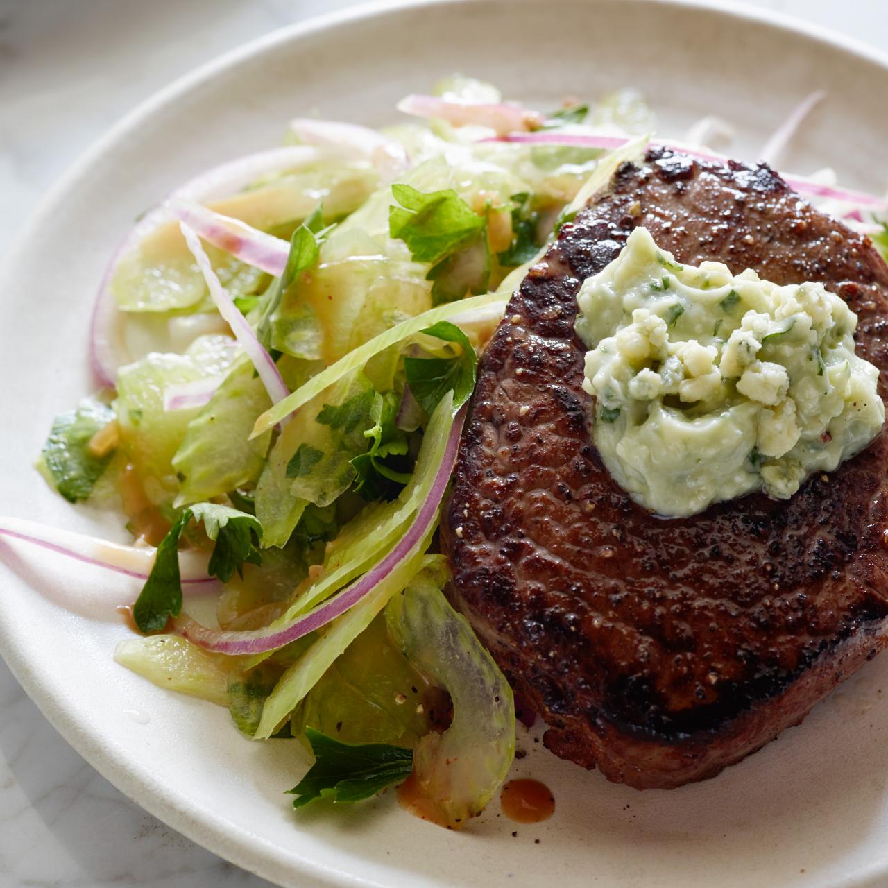 Cast Iron Steaks with Blue Cheese-Chive Butter