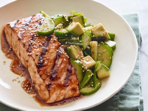 Teriyaki Salmon with Grilled Scallions and Avocado Cucumber Salad