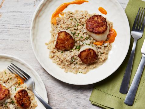 Barley Risotto with Scallops and Red Pepper Sauce