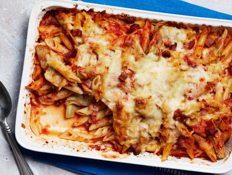 Pancetta and Artichoke Baked Pasta with Smoked Mozzarella