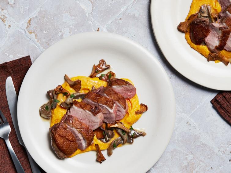 Sauteed Duck Breast With Wild Mushrooms And Carrot Cauliflower Puree Recipe Food Network 