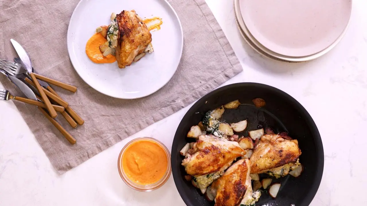 Spinach and Artichoke Stuffed Chicken Breast, Roasted Red Bell Pepper Sauce