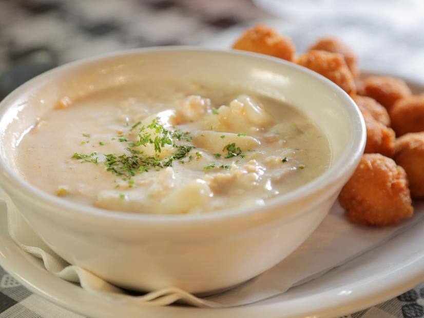 Clam Chowder with Hush Puppies as Served at Something Fishy in Wilmington, North Carolina as seen on Diners, Drive-Ins and Dives, Season 28.