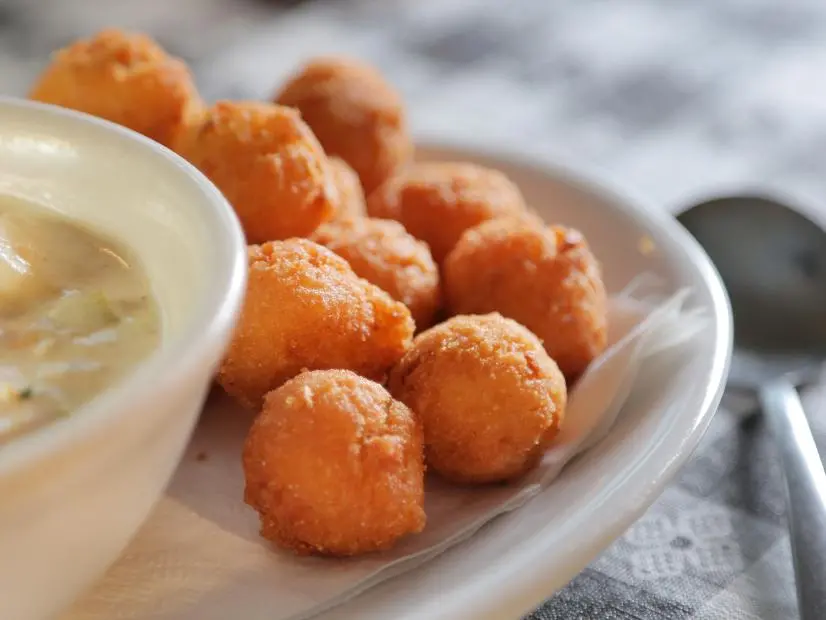 Clam Chowder with Hush Puppies as Served at Something Fishy in Wilmington, North Carolina as seen on Diners, Drive-Ins and Dives, Season 28.