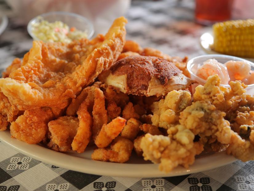 The Sampler Platter as Served at Something Fishy in Wilmington, North Carolina as seen on Diners, Drive-Ins and Dives, Season 28.