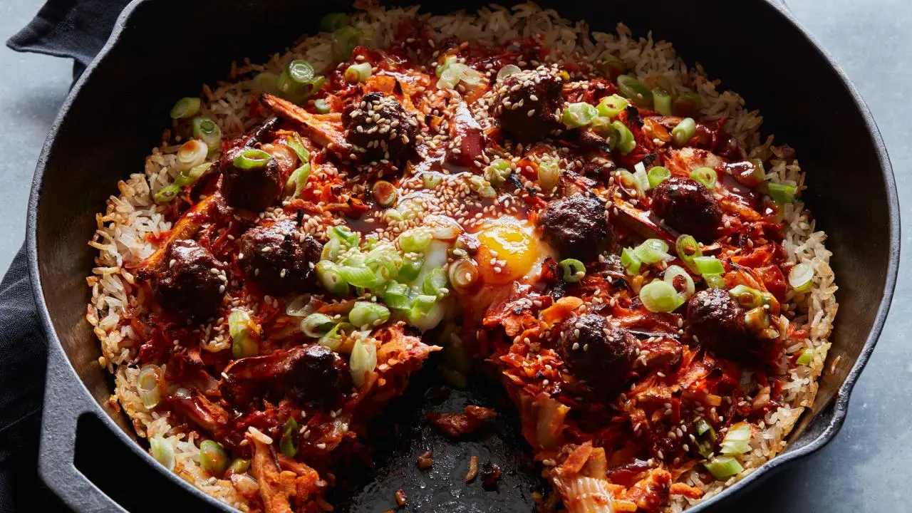Crispy Skillet Rice with Gochujang, Ground Beef and Kimchi