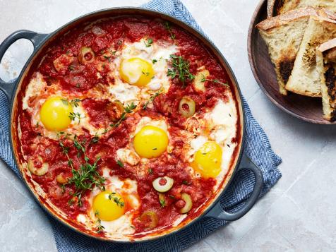 Baked Eggs in Tomato-Pimento Olive Sauce