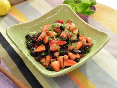 Jeff Mauro makes a Berry Basil Salad with Rhubarb Syrup, as seen on The Kitchen, Season 17.
