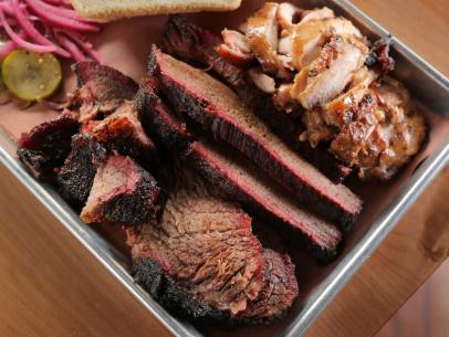 The Brisket and Chicken Platter as Served at Wood Shop BBQ in Seattle, Washington as seen on Food Network's Diners, Drive-Ins and Dives episode 2811.