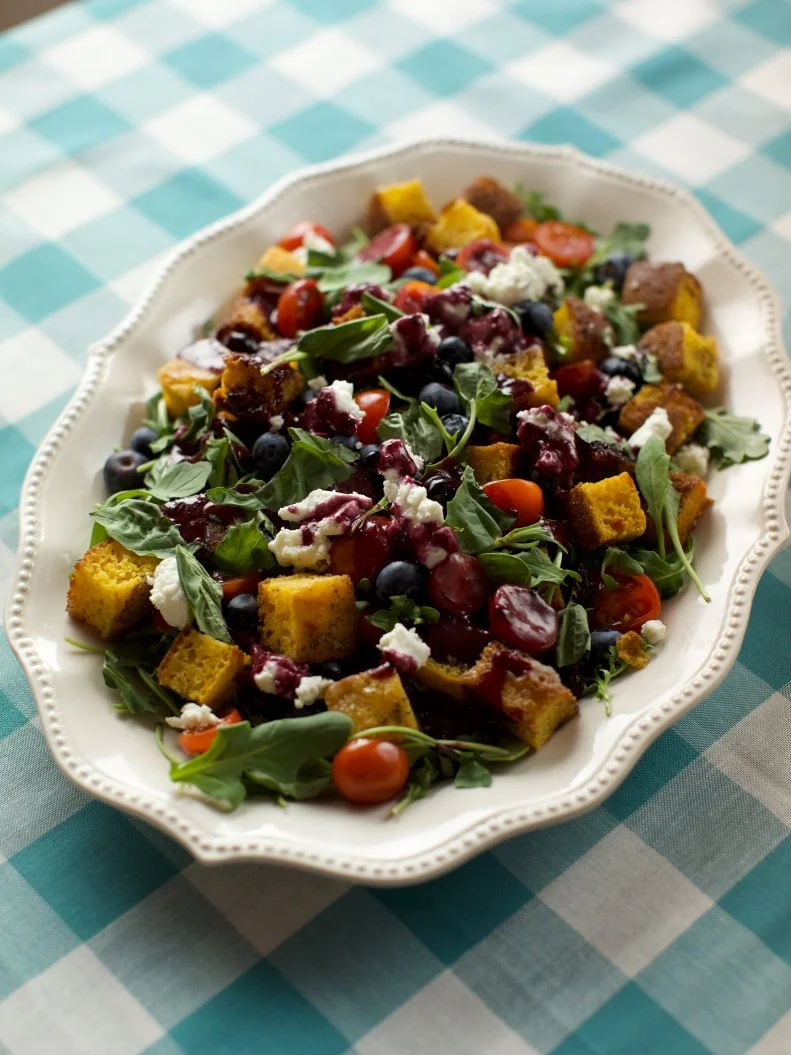 Close-up of Blueberry Cornbread Panzanella