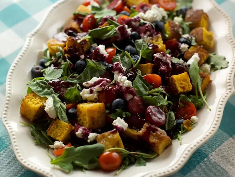 Close-up of Blueberry Cornbread Panzanella