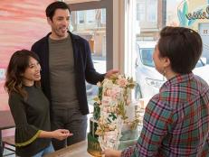 Drew Scott and Linda Phan give Pretty Please Bakeshop owner Alison Okabayashi feedback after seeing a sample of their wedding cake for the first time, as seen on Wedding Cake Countdown with Drew and Linda.