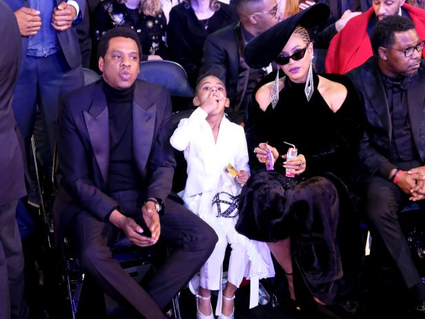 NEW YORK - JANUARY 28: JAY-Z, Blue Ivy Carter, and Beyonce backstage at THE 60TH ANNUAL GRAMMY AWARDS broadcast live on both coasts from New York City's Madison Square Garden on Sunday, Jan. 28, 2018, at a new time, 7:30-11:00 PM, live ET/4:30-8:00 PM, live PT, on the CBS Television Network. (Photo by Timothy Kuratek/CBS via Getty Images) 