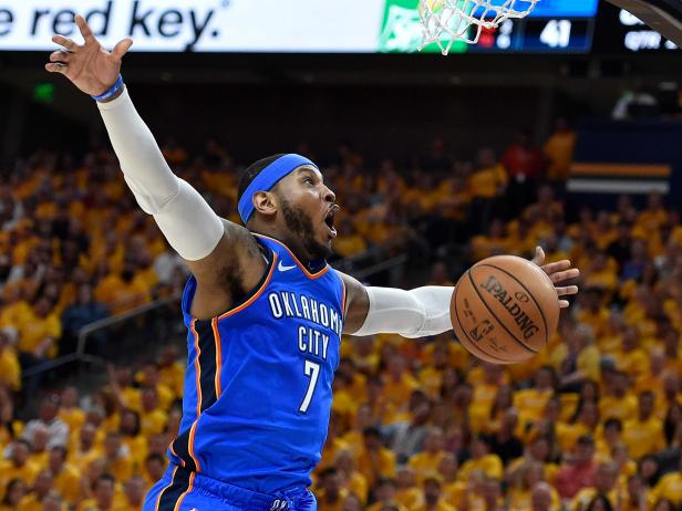 SALT LAKE CITY, UT - APRIL 21: Carmelo Anthony #7 of the Oklahoma City Thunder reacts to his basket in the first half during Game Three of Round One of the 2018 NBA Playoffs against the Utah Jazz at Vivint Smart Home Arena on April 21, 2018 in Salt Lake City, Utah.  NOTE TO USER: User expressly acknowledges and agrees that, by downloading and or using this photograph, User is consenting to the terms and conditions of the Getty Images License Agreement. (Photo by Gene Sweeney Jr./Getty Images)