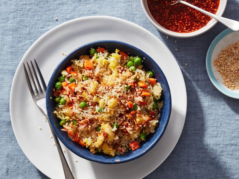 Food Network Kitchen’s Air Fryer FriedRice with Sesame-Sriracha Sauce, as seen on Food Network.