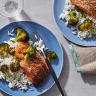 Food Network Kitchen’s Air fryer Air Fryer Teriyaki Salmon Fillets with Broccoli, as seen on Food Network.
