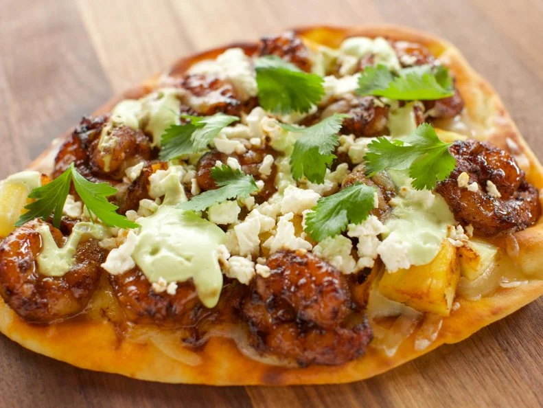 Close-up of Kickin' Shrimp and Pineapple Flatbreads, as seen on The Pioneer Woman, Season 19.