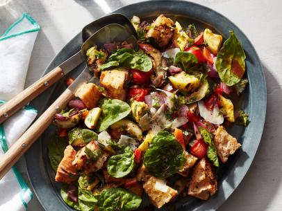 Bobby Flay's
Ratatouille Panzanella Salad with Herb Parmesan Dressing, as seen on Food Network's Barbecue Addiction: Bobby's Basics, Season 4