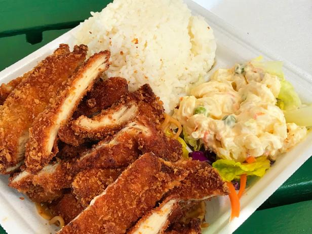 A Hawaiian local cusine specialty. The Hawaiian Plate Lunch. Chicken Katsu, beef stew, macaroni salad, served with steam rice.