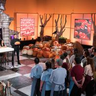 Host Jonathan Bennett with judges Shinmin Li, Todd Tucker and Season 8 contestants, as seen on Halloween Wars, Season 8.
