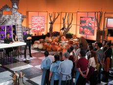 Host Jonathan Bennett with judges Shinmin Li, Todd Tucker and Season 8 contestants, as seen on Halloween Wars, Season 8.