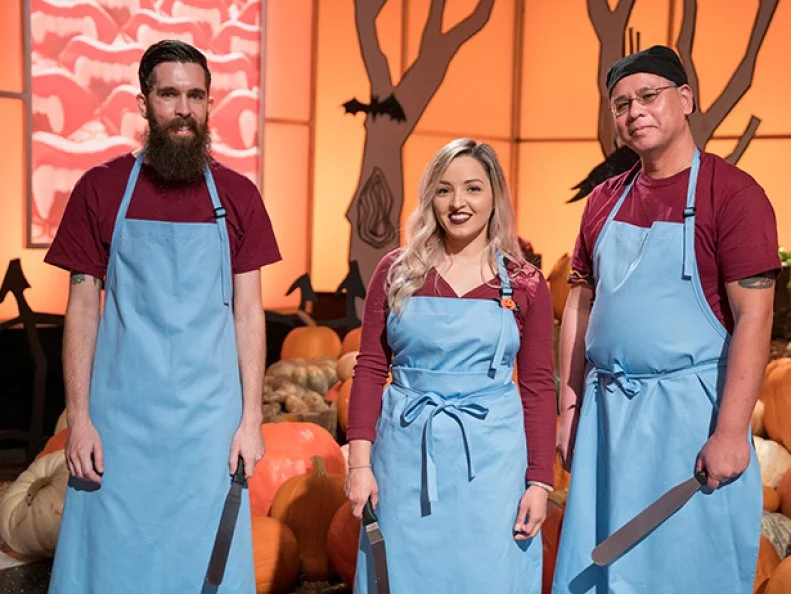 Contestants with Monsters of Mayhem, Jeff Brown, Sabrina Jurado and Cesar Barachina as seen on Halloween Wars, Season 8.