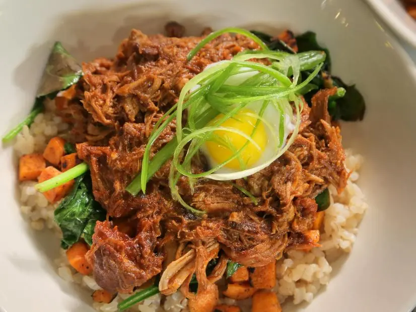 Fiery Bottom BBQ Pork Bowl as Served at Calafia Cafe in Palo Alto, California, as seen on Diners, Drive-Ins and Dives, Season 28.