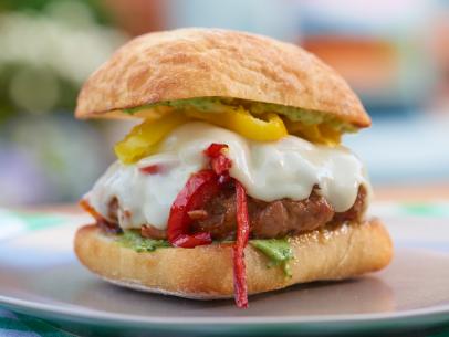 Katie Lee makes a Sausage and Peppers Burger, as seen on The Kitchen, Season 17.