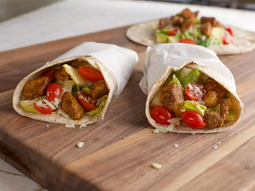 Close-up of Taco Chicken Caesar Salad Wrap, as seen on The Pioneer Woman, Season 19.