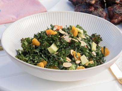 Food Beauty of Giadas Grilled Kale Salad with Roasted Sungolds, as seen on Giada on the Beach, Season 1.