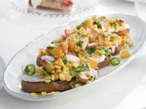 Food Beauty of Peach Corn and Burrata Bruschetta, as seen on Giada on the Beach, Season 1.