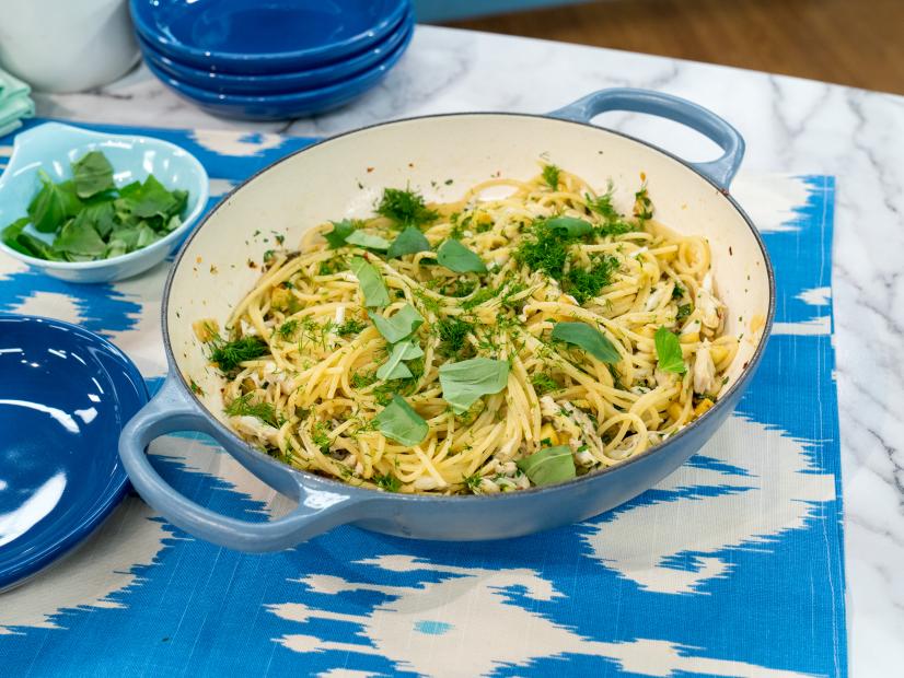 Co-hosts Jeff Mauro and Geoffrey Zakarian's dish Crab Spaghetti with Zucchini and Basil, as seen on The Kitchen, Season 17.