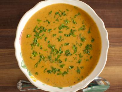 Close-up of Roasted Vegetable Soup, as seen on The Pioneer Woman, Season 19.