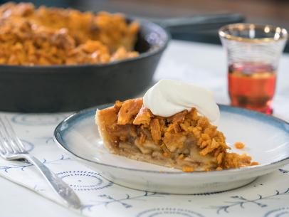 Food beauty of skillet apple cheddar pie, as seen on Trisha's Southern Kitchen, Season 12.