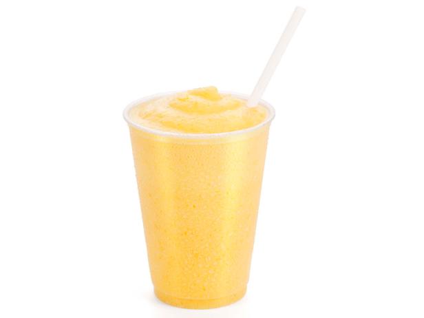 "A refreshing yellowish-orange colored smoothie on white background - could be peach, mango, orange or tangerine flavored."