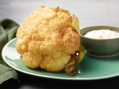 Food Network Kitchen’s Fried Whole Cauliflower with Creamy Lemon Dipping Sauce for NEW FNK, as seen on Food Network.