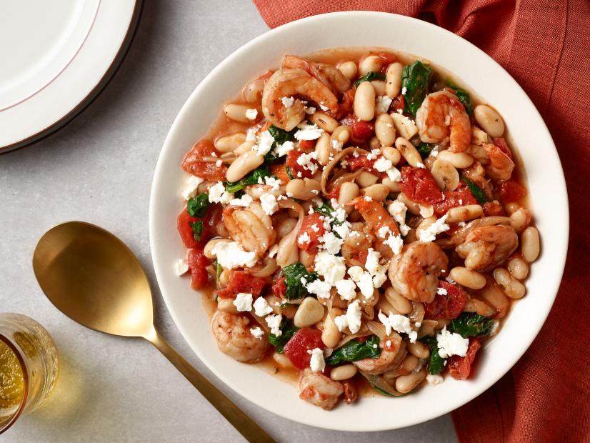 Food Network Kitchen’s Shrimp, White Bean and Feta Skillet for NEW FNK, as seen on Food Network.