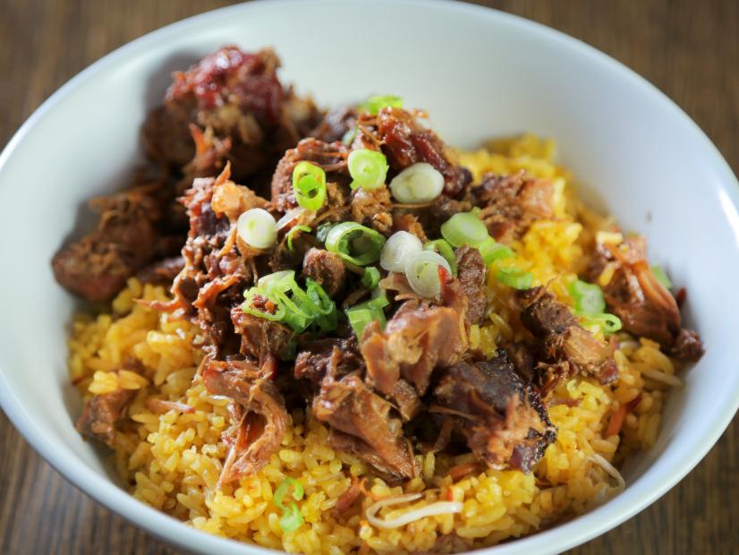 Paella Rice Bowl as Served at Saucy Porka in Chicago, Illinois, as seen on Diners, Drive-Ins and Dives, Season 28.