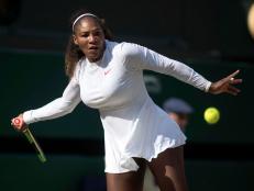 LONDON, ENGLAND - JULY 14:  Serena Williams of the United States in action against Angelique Kerber of Germany in the Ladies' Singles Final on Center Court during the Wimbledon Lawn Tennis Championships at the All England Lawn Tennis and Croquet Club at Wimbledon on July 14, 2018 in London, England. (Photo by Tim Clayton/Corbis via Getty Images)