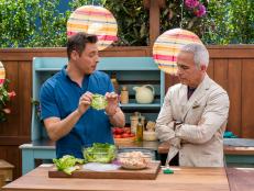 Co-host Jeff Mauro makes The Best Sweet Potato Salad,  with co-host Geoffrey Zakarian, as seen on The Kitchen, Season 17.