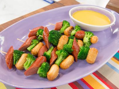 Hot dog, pretzel, and broccoli kabobs, as seen on The Kitchen, Season 18.
