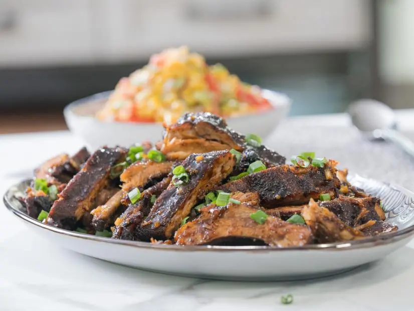 Food beauty of sticky pepper glazed ribs, as seen on TrishaÕs Southern Kitchen, Season 12.