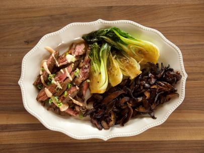 Close-up of Skirt Steak with Bok Choy, as seen on The Pioneer Woman, Season 19.