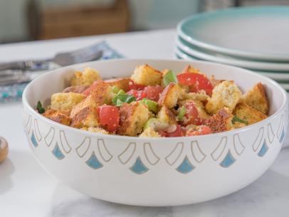 Food beauty of cornbread panzanella, as seen on Trisha's Southern Kitchen, Season 12.