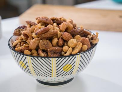 Food beauty of roasted cajun nuts, as seen on Trisha's Southern Kitchen, Season 12.