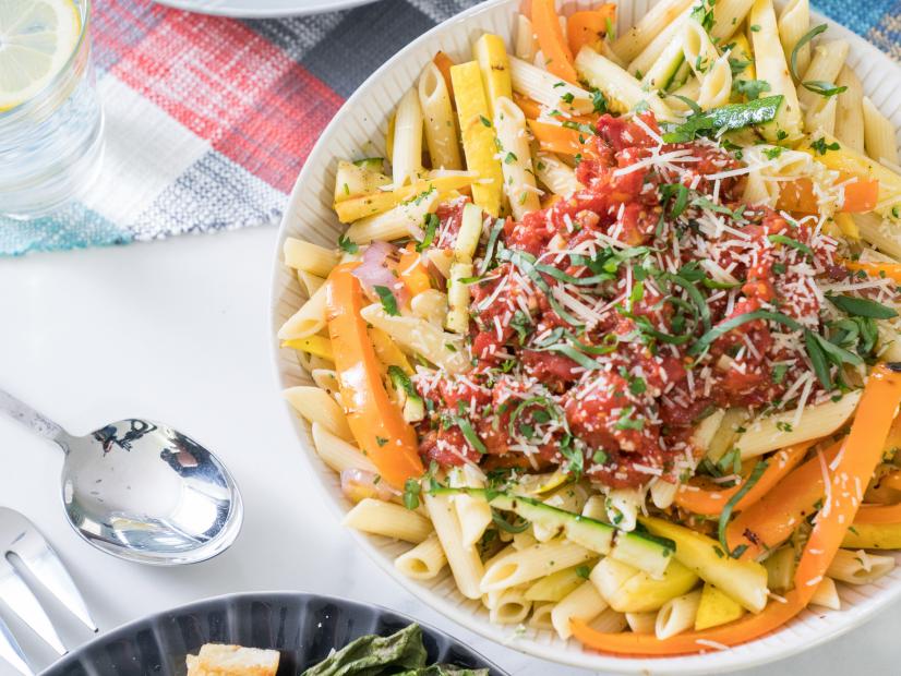 Ariel food beauty of roasted summer vegetable pasta with tomato herb sauce, as seen on Trisha's Southern Kitchen, Season 12.