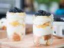 Food beauty of blackberry lemon cheesecake parfaits, as seen on Trisha's Southern Kitchen, Season 12.