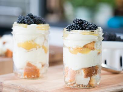 Food beauty of blackberry lemon cheesecake parfaits, as seen on Trisha's Southern Kitchen, Season 12.