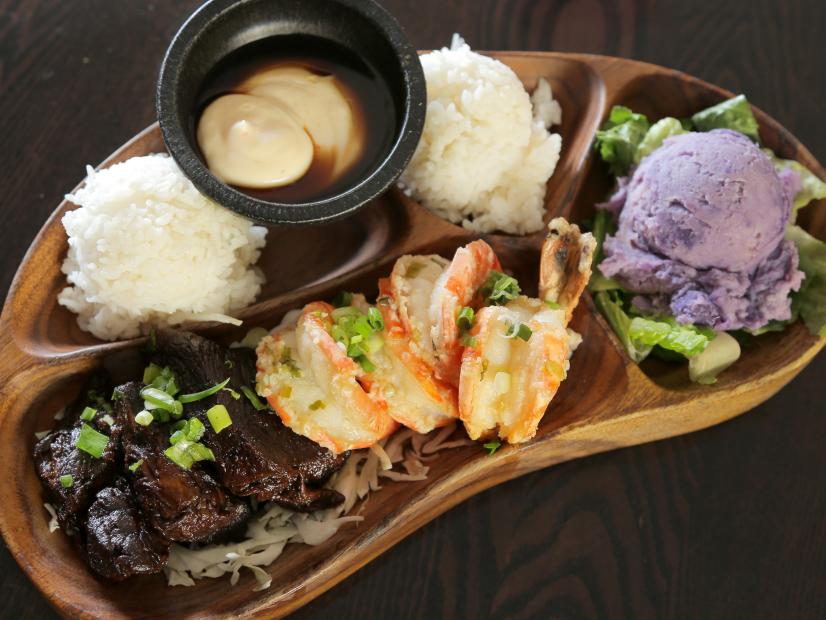 The Short Ribs and Garlic Shrimp as served at Broke Da Mouth Grindz in Kailua-Kona, Hawaii, as seen on Diners, Drive-Ins and Dives, Season 28.