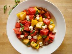 Close-up of Heirloom Tomato & Watermelon Salad, as seen on the The Pioneer Woman, Season 19.